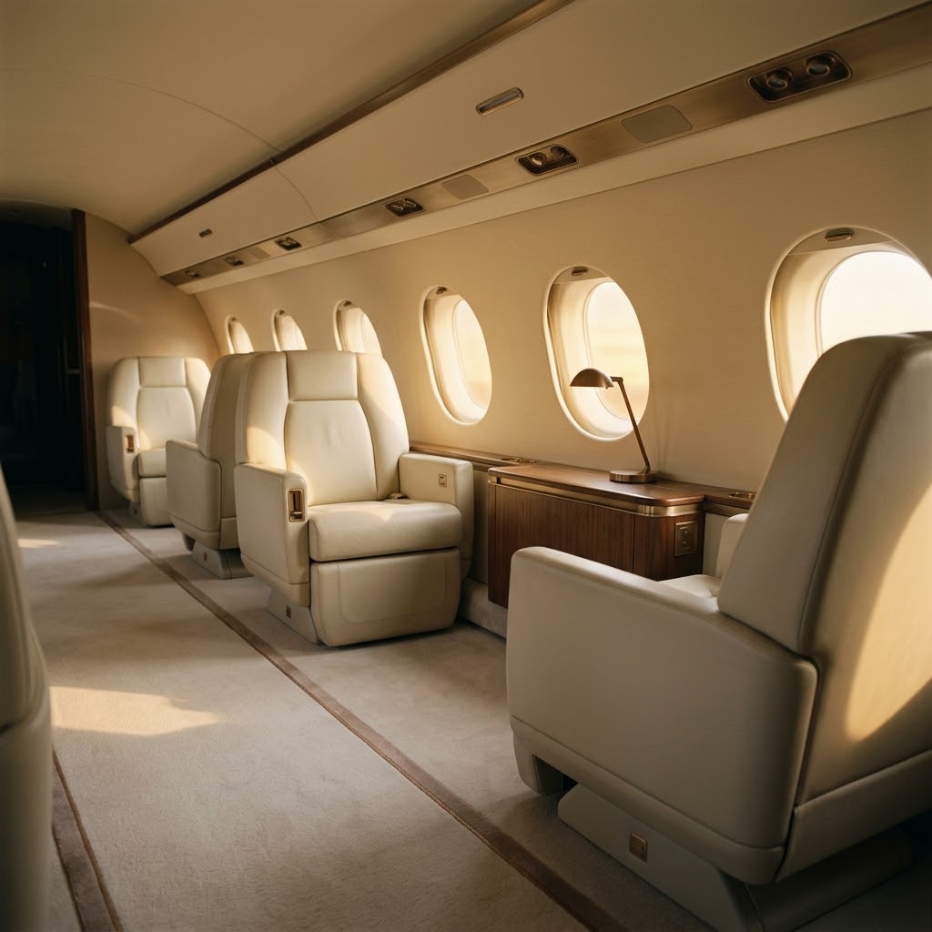 Private aircraft cabin with cream leather seats and bespoke aisle carpet