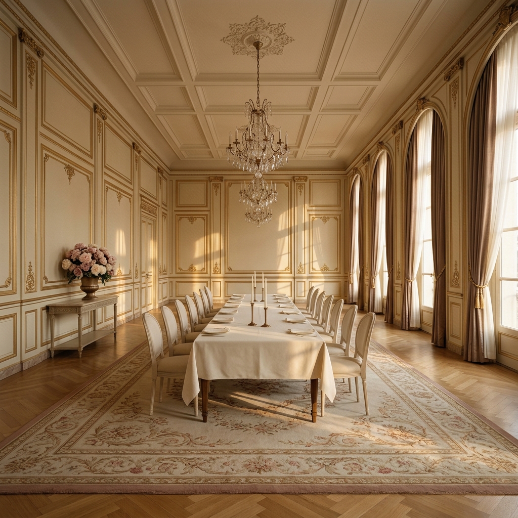 Ballroom with chandelier, gilded panelling, and Aubusson rug
