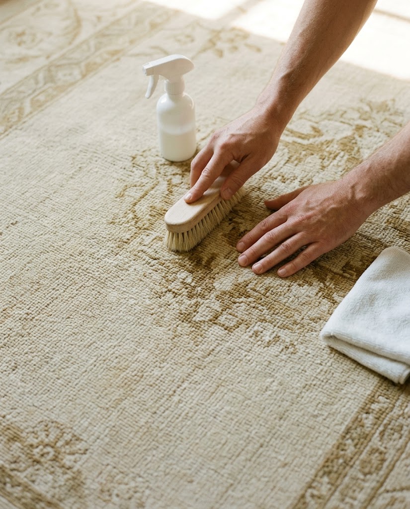 Restorer's hands working a fine wool rug with a soft brush