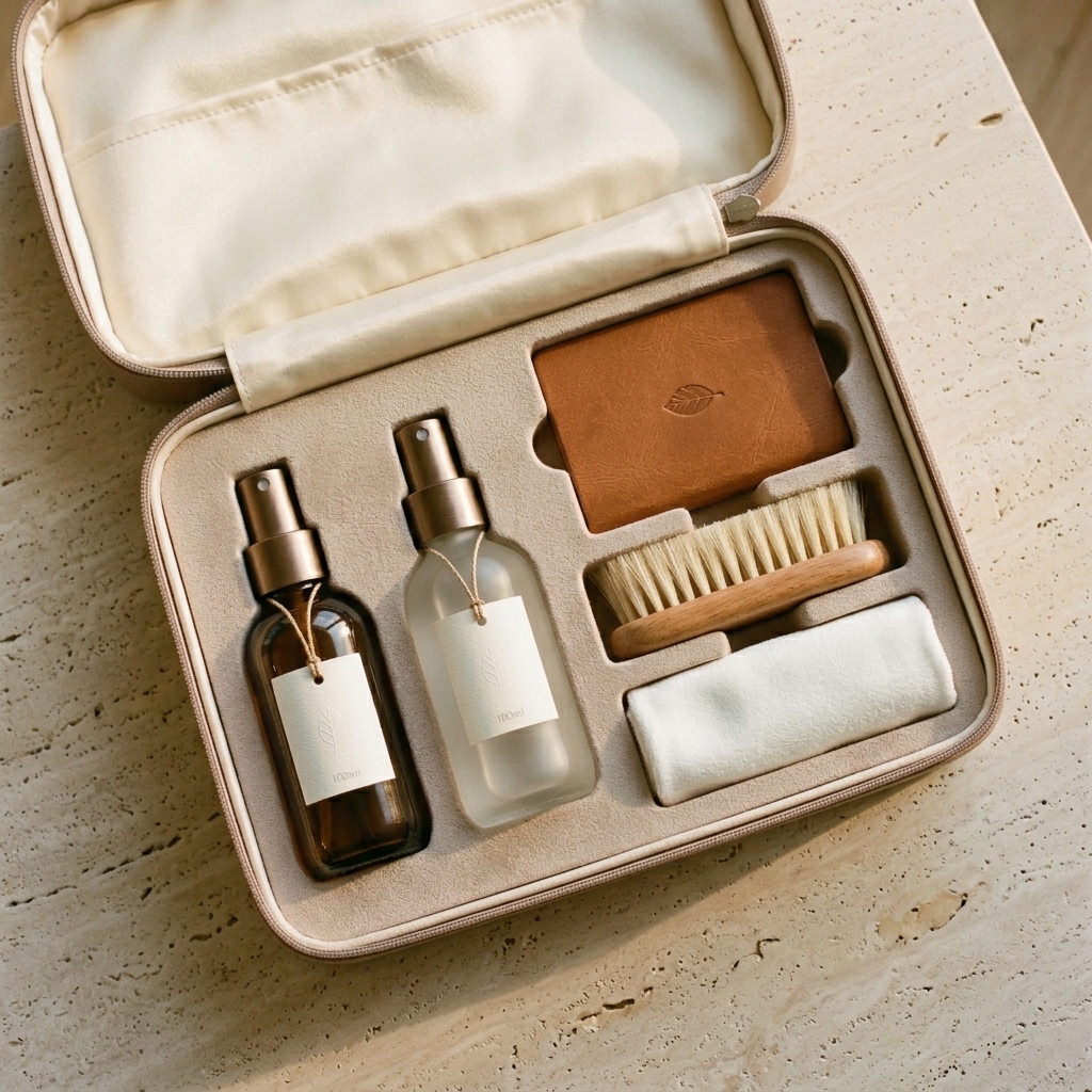 The Clean Suite Co. kit — leather-bound reference card, brass-collared bottles, horsehair brush, and microfiber cloth in a fitted travel case