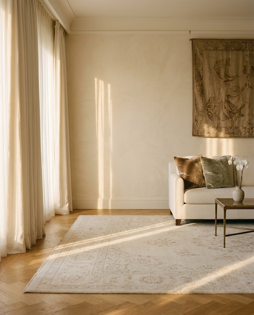 Sunlit residential salon with antique tapestry and hand-loomed wool rug