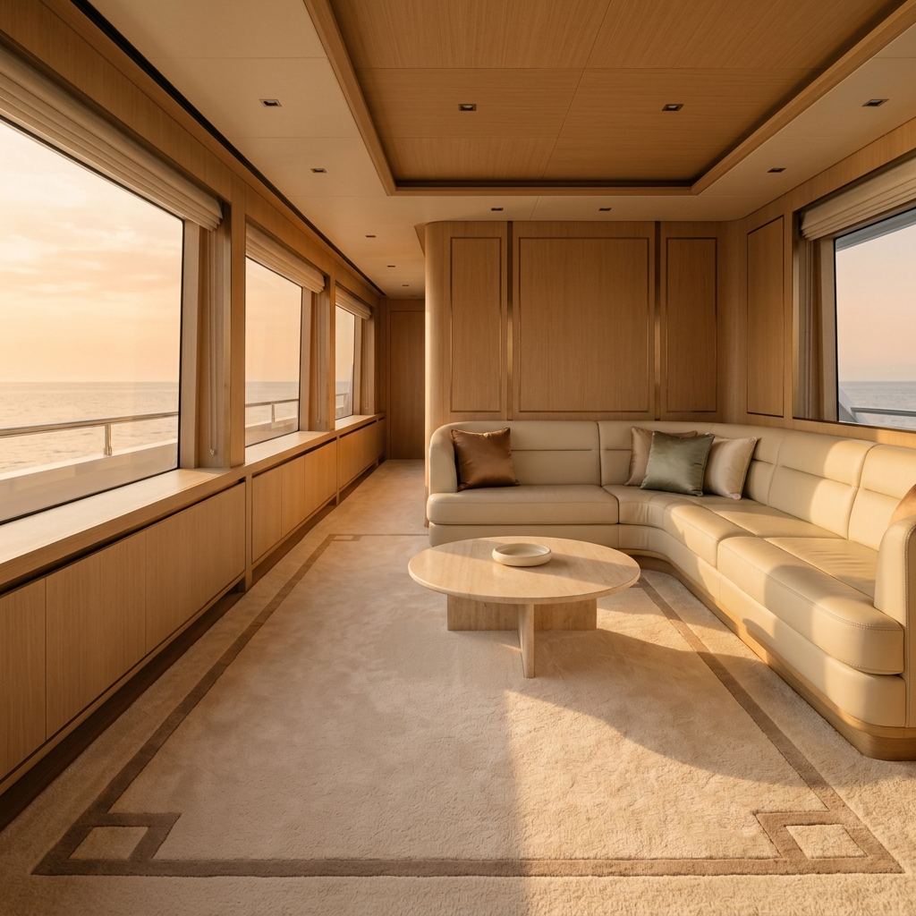 Yacht main saloon at golden hour with ocean view and inlaid carpet border